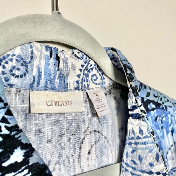 Chico's Linen-Blend Blue Ombre Sequin Paisley Open front Jacket Size 3 - Picture 3 of 9